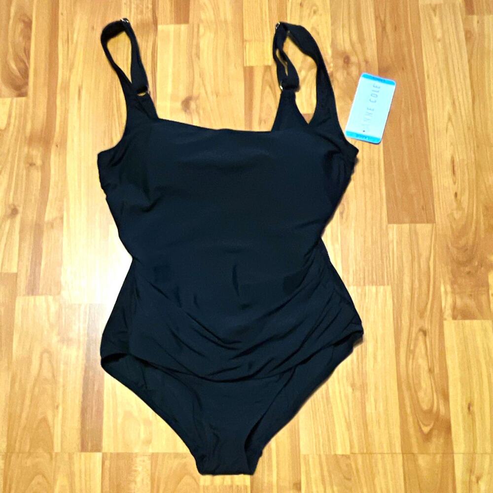 Anne Cole Black Solid One-Piece Swimsuit L Cup D Adjustable Wide Strap